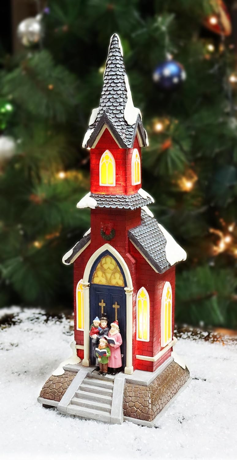 Moments In Time Christmas Village Red Church | LED Lights & 8 Classic Songs | Hand-Painted 15.6” Holiday Decor