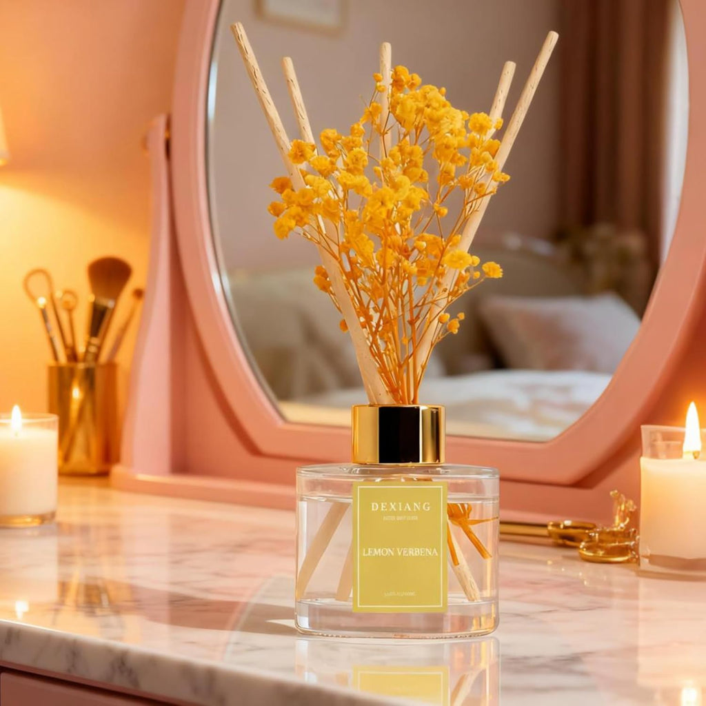 Reed Diffuser Set - Premium Lemon Verbena Scented Oil with Baby's Breath & Cotton Sticks | Long-Lasting Aromatherapy for Home Decor