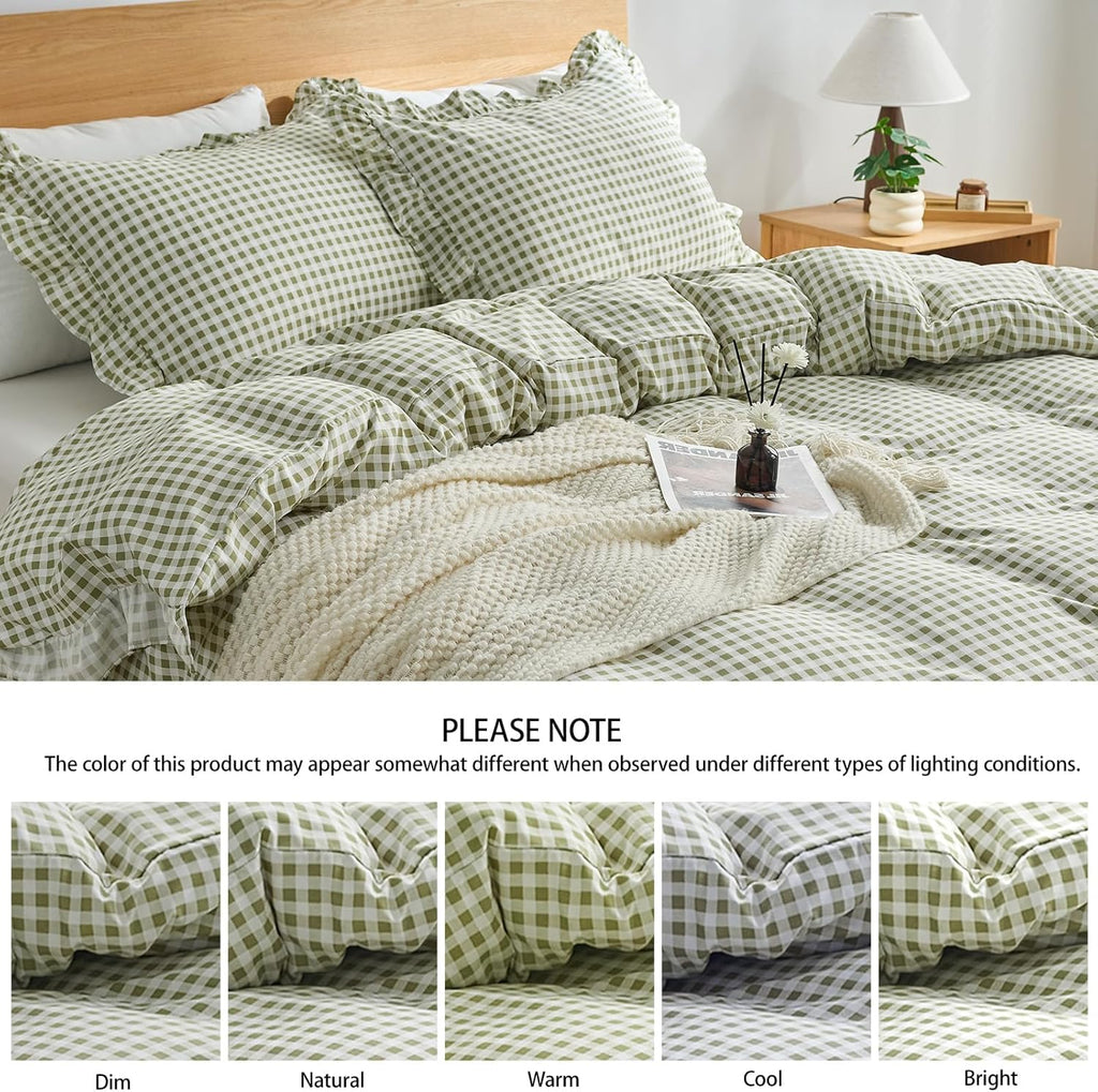 Regine Switzerland Gingham Duvet Cover Set - Soft Microfiber Queen Size with Zipper Closure & 2 Pillow Shams | Sage Green Farmhouse Decor
