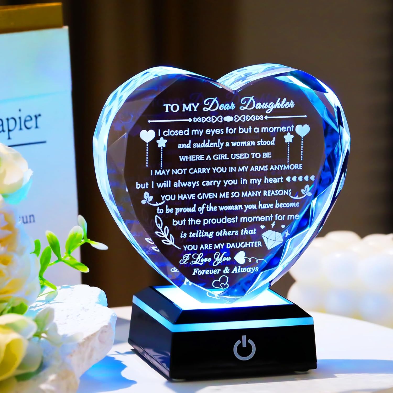 YWHL Heart Crystal Gift for Daughter - Colorful LED Base | Perfect Birthday & Holiday Present