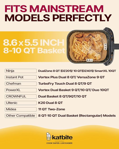 Katbite Air Fryer Liners - Disposable 130PCS Thick Parchment Paper for Dual Air Fryers | 8.6x5.5''