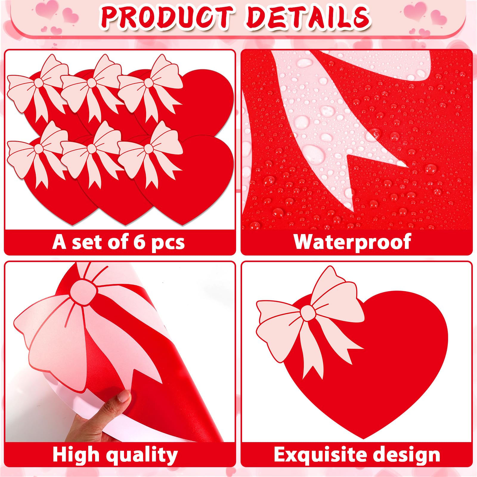 Valentine's Day Placemats Set of 6 Valentines Bow Heart Plastic Table Mats Sweet Red Heart Shaped Place Mats Washable Waterproof Table Decoration for Wedding Anniversary Holiday Party Kitchen Dining