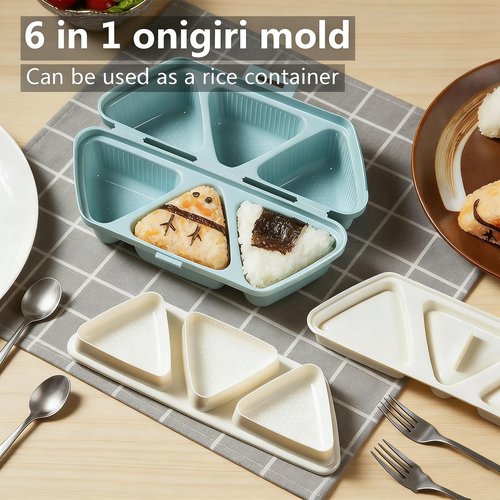 6-in-1 Onigiri Mold Set - Triangle Sushi Molds for Quick & Easy Rice Balls, Convenient Rice Container for Seaweed Sushi Musubi - Portable, Easy to Clean (Blue)