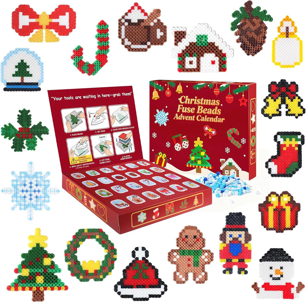Rocollos Fuse Beads Pegboards Kit - 24 Advent Calendar Designs with Ironing Paper for Kids & Family Crafts