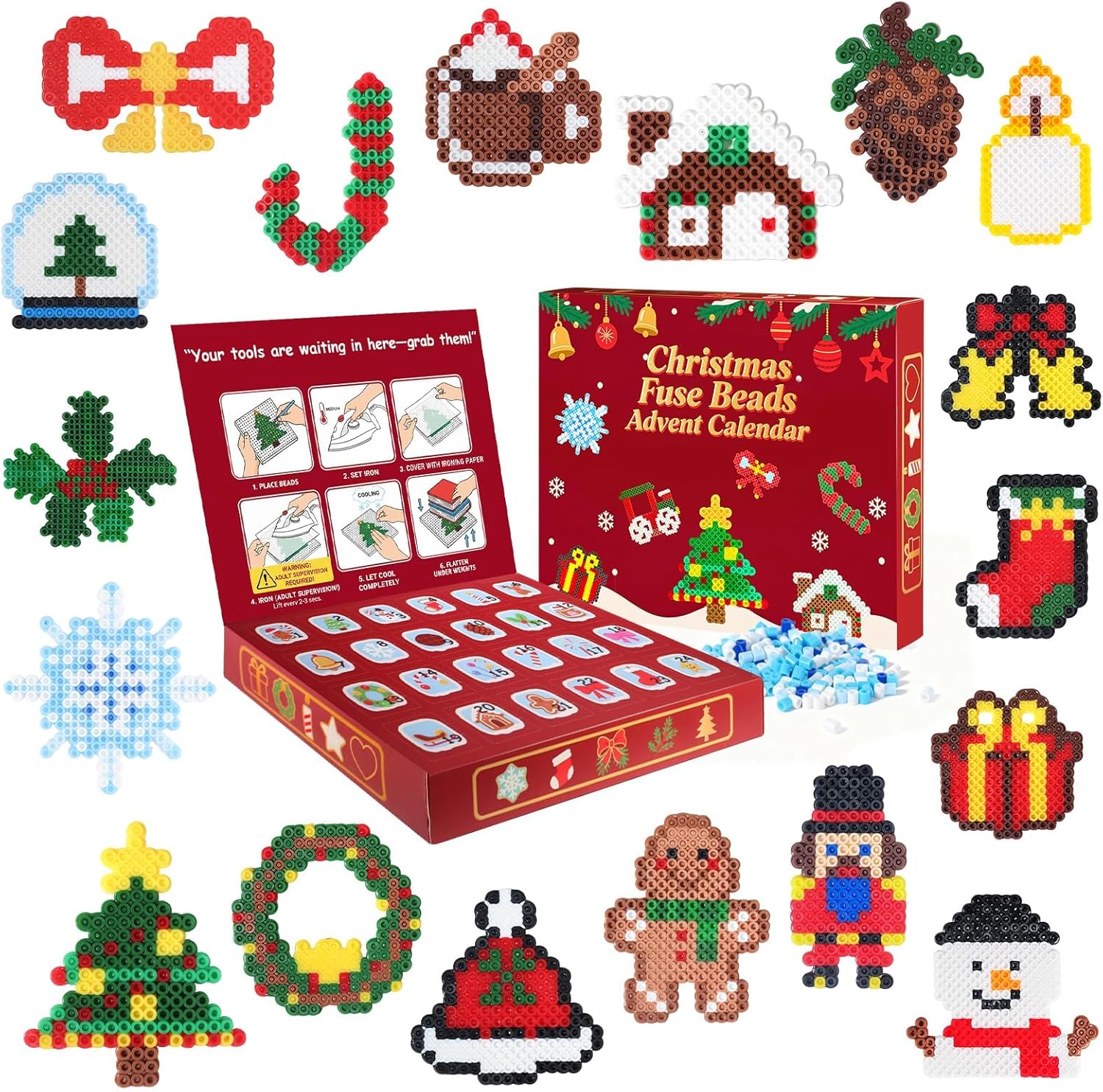 Rocollos Fuse Beads Pegboards Kit - 24 Advent Calendar Designs with Ironing Paper for Kids & Family Crafts