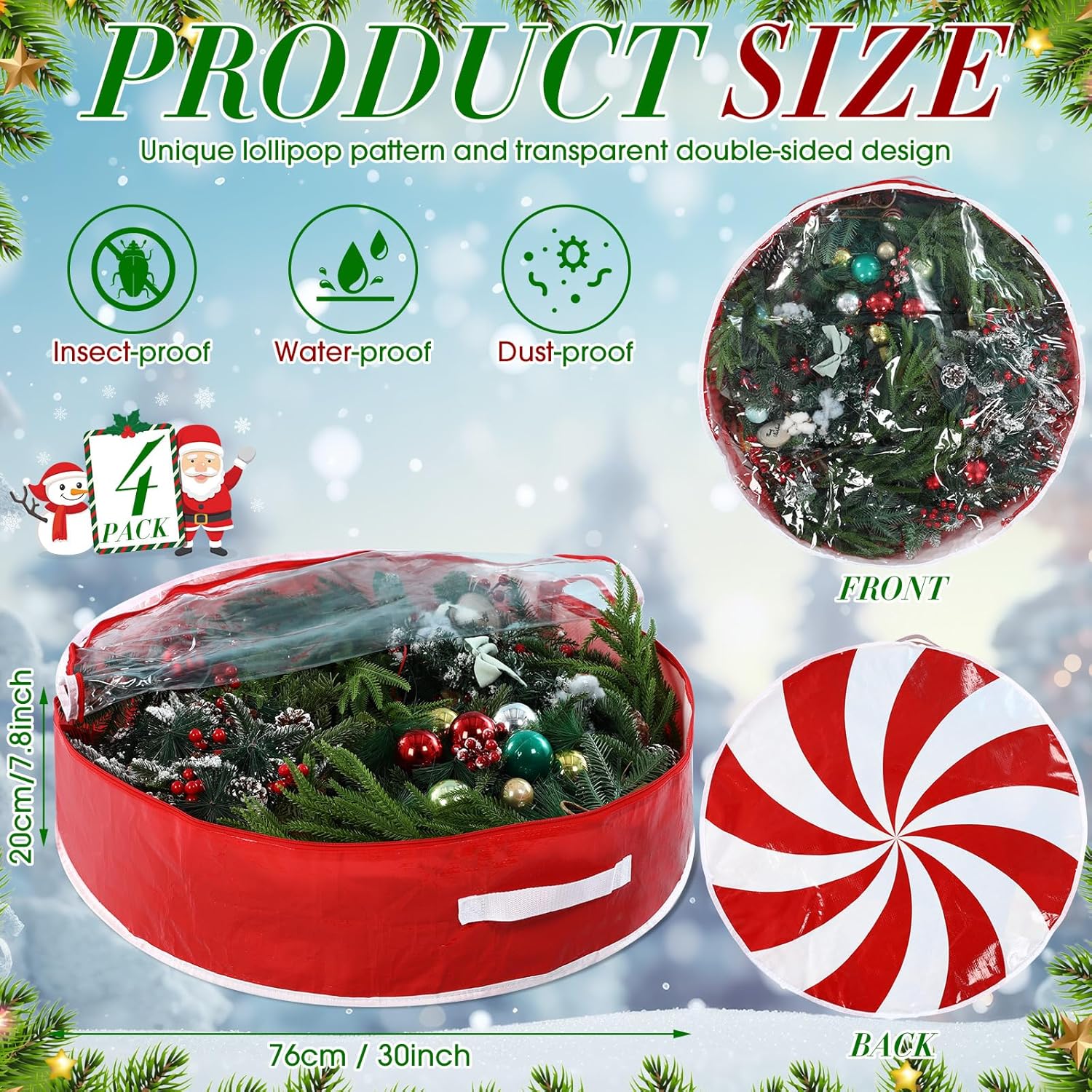 Regine Switzerland Christmas Wreath Storage Bag - 30 Inch Clear Window Design with Dual Zipper Handle | Red & White Peppermint Garland Organizer