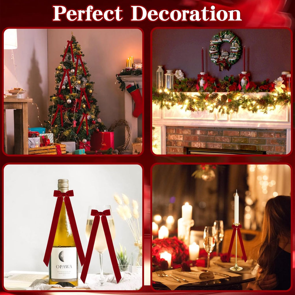 Regine Switzerland 12Pcs Red Velvet Christmas Candlestick Bows - 13 Inch Self-Adhesive Decor for Weddings & Parties