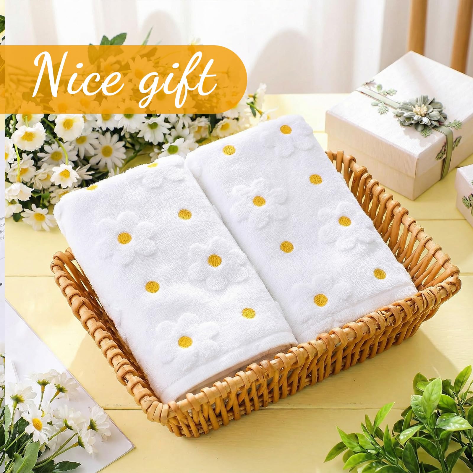 Mindsoft 2 Pcs Daisy Hand Towels for Bathroom Coquette Hand Towels 100% Cotton Absorbent Decorative Jacquard Weave Bath Decor Preppy Kitchen Decor Gift(Yellow)