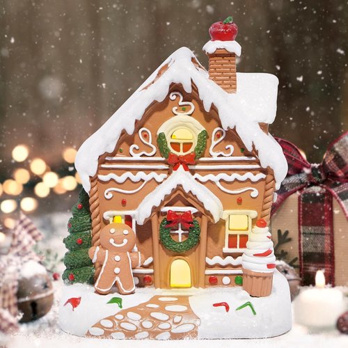 Hodao Gingerbread House Decoration - Handmade Polyresin Xmas Figurine for Winter Decor | Brown