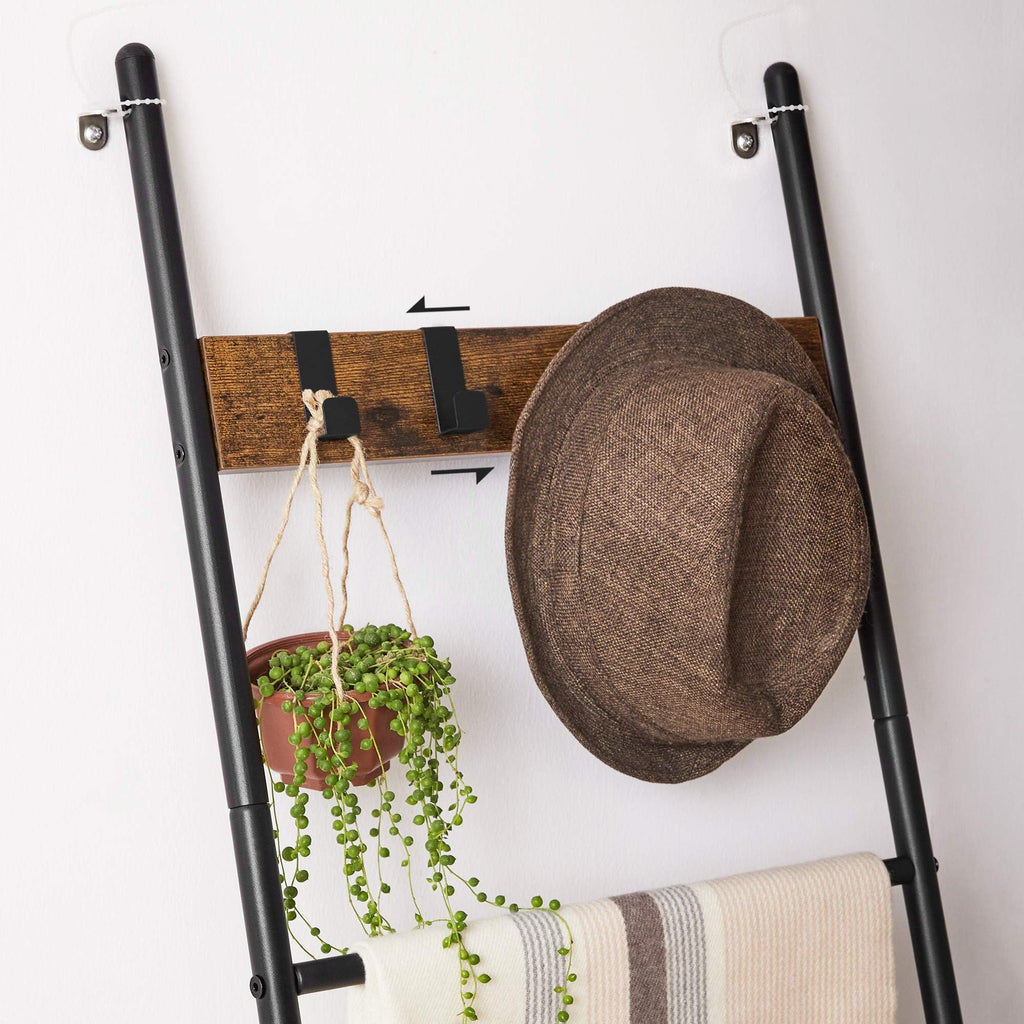 VASAGLE Blanket Ladder, 5-Tier Ladder Shelf, Decorative Ladder with 4 Removable Hooks, Metal Frame, Industrial Style, Rustic Brown and Black ULLS016B01
