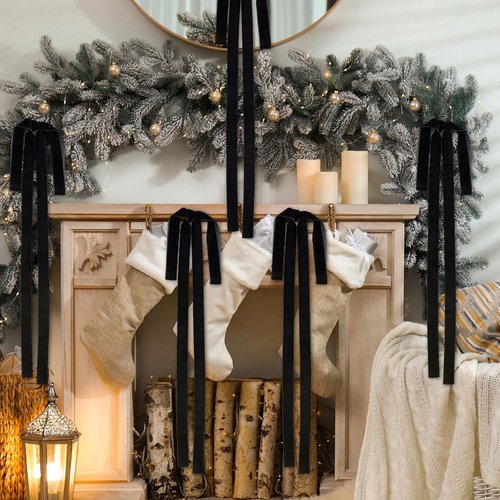 Janinka Black Velvet Ribbon Bows - 6 Pcs Rustic Christmas Tree Decorations | Large 23.5x15.5 Inch Ornaments