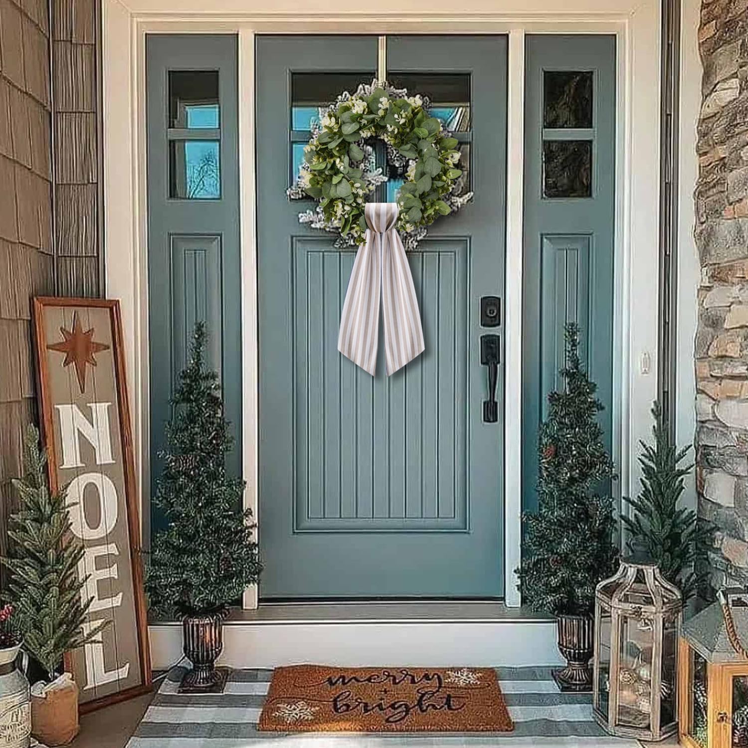Skiennix Wreath Sash - Stylish Boxwood Garland Decor for Front Door | 2-Pack in Beige and White Stripe