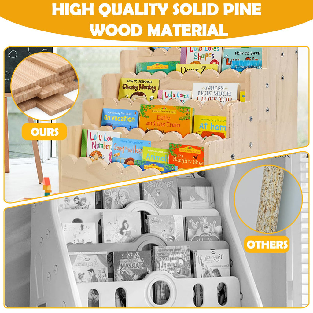 5 Tier Small Wooden Scalloped Shelf for Toddler 1-5 Years, Kids Bookshelf Children Montessori Bookshelf, Durable Baby Toddler Bookcase for Nursery Playroom, 16.9*11.4*15.7"