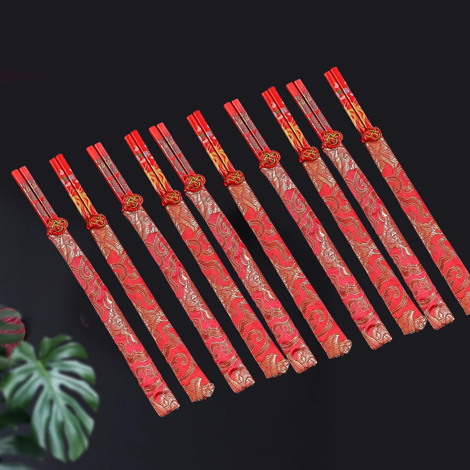 10 Pairs Chinese Knot Wooden Chopsticks with Gold Dragon Phoenix Pattern Red Chinese New Year Chopstick Set Chinese New Year Gifts for Wedding Chinese Festive Dining