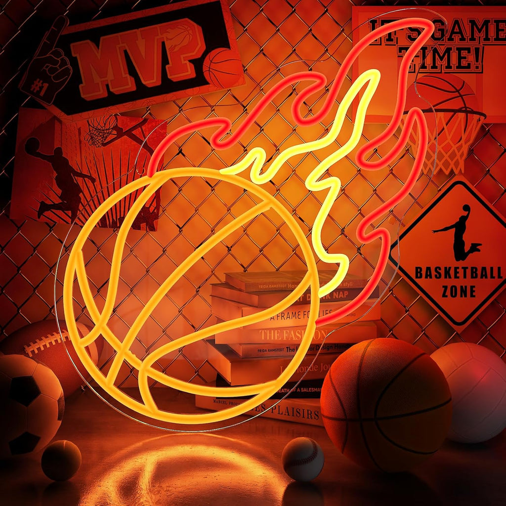 Skiennix Basketball Neon Sign - Dimmable LED Flame Light for Boys' Bedroom | Orange, Red, Yellow Decor