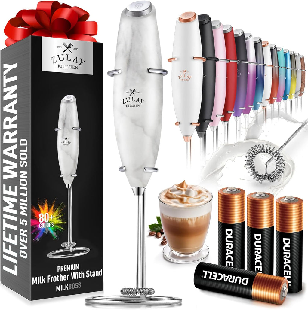 Zulay Kitchen Milk Frother Wand - Ultra Fast Handheld Drink Mixer with 4 AA Duracell Batteries | Marble Finish for Coffee, Lattes & Cappuccino