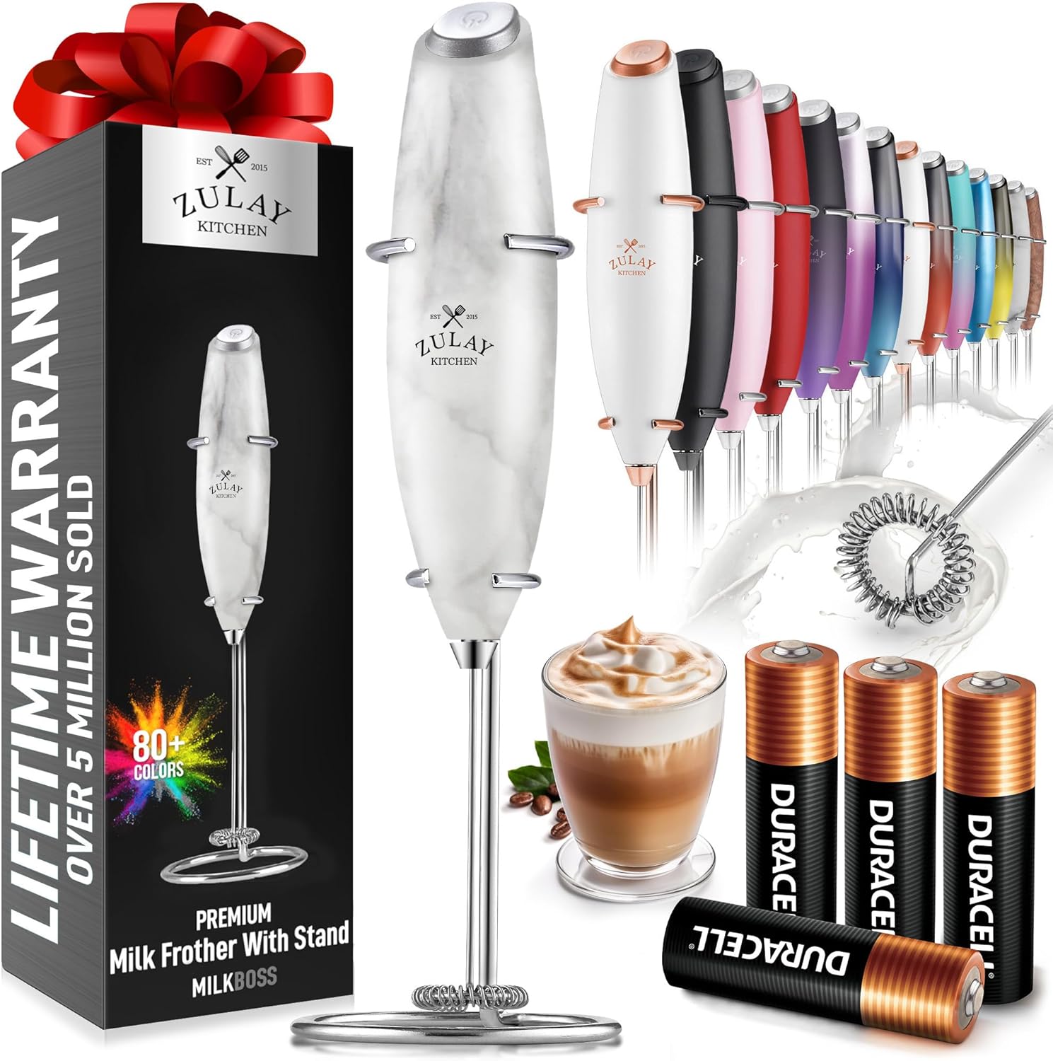 Zulay Kitchen Milk Frother Wand - Ultra Fast Handheld Drink Mixer with 4 AA Duracell Batteries | Marble Finish for Coffee, Lattes & Cappuccino