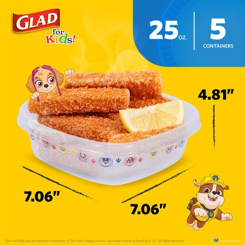 Glad for Kids GladWare Paw Patrol Medium Square Lunch Containers with Lids - 25 oz Food Storage for Kids Snacks and Meals - Tight-Seal Plastic Containers with Paw Patrol Design, 5 Count