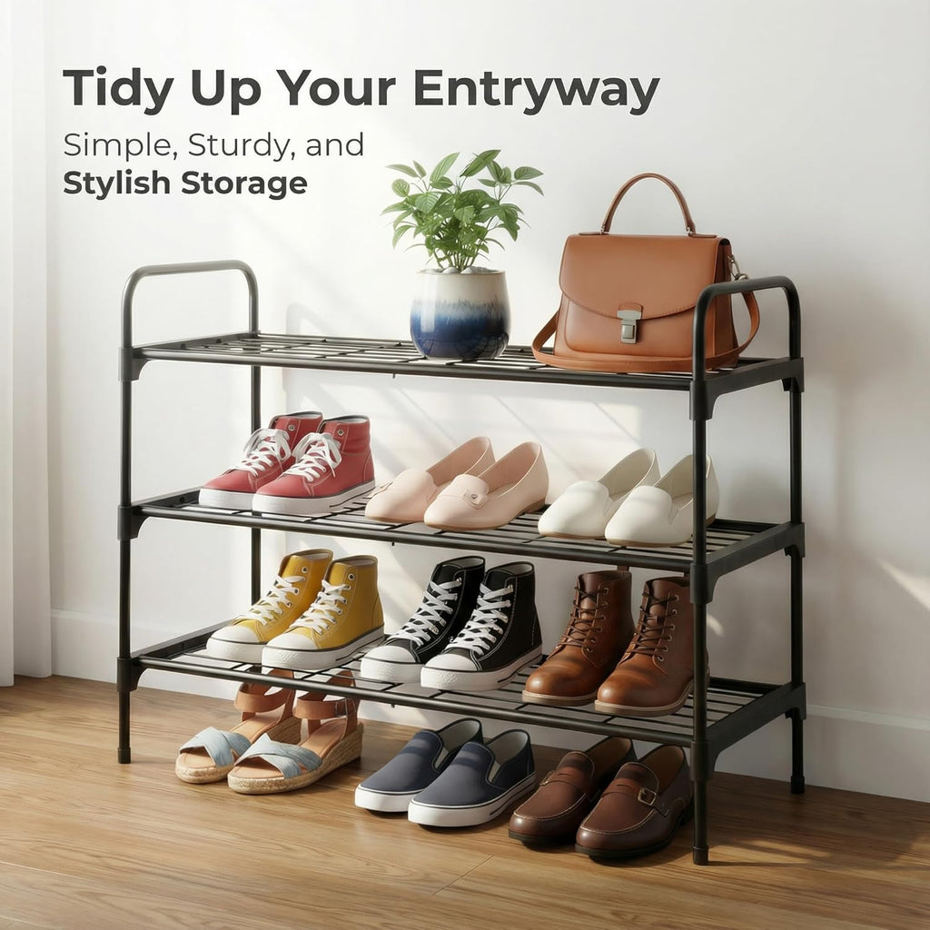 3-Tler Shoe Rack Organizer - Rustproof Iron Shoe Storage Shelf for Closet & Entryway | Fits Sneakers & Slippers, Black