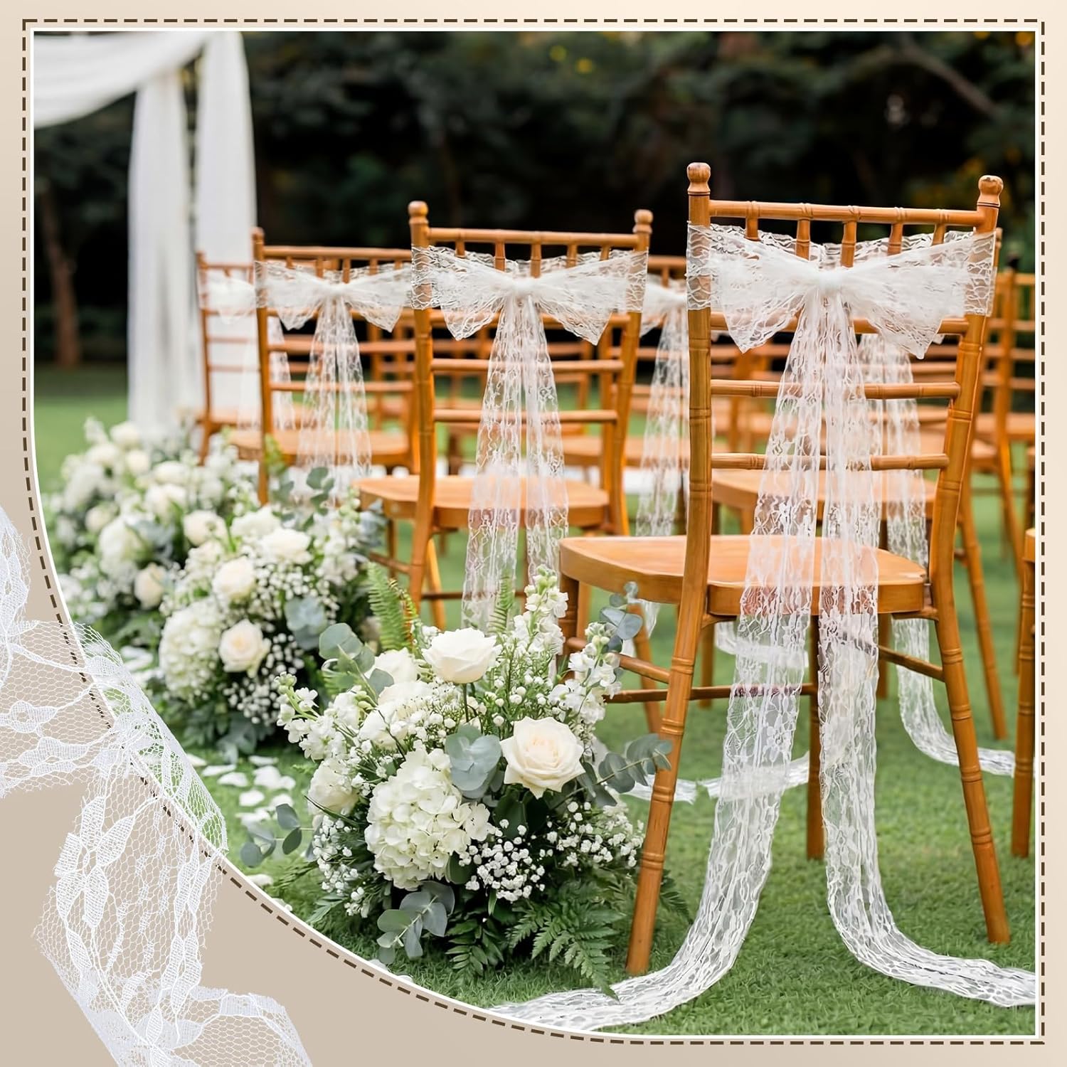 Skiennix 24 Pcs Lace Chair Sashes - Elegant Wedding Aisle Decorations | White Chair Bow Ribbons