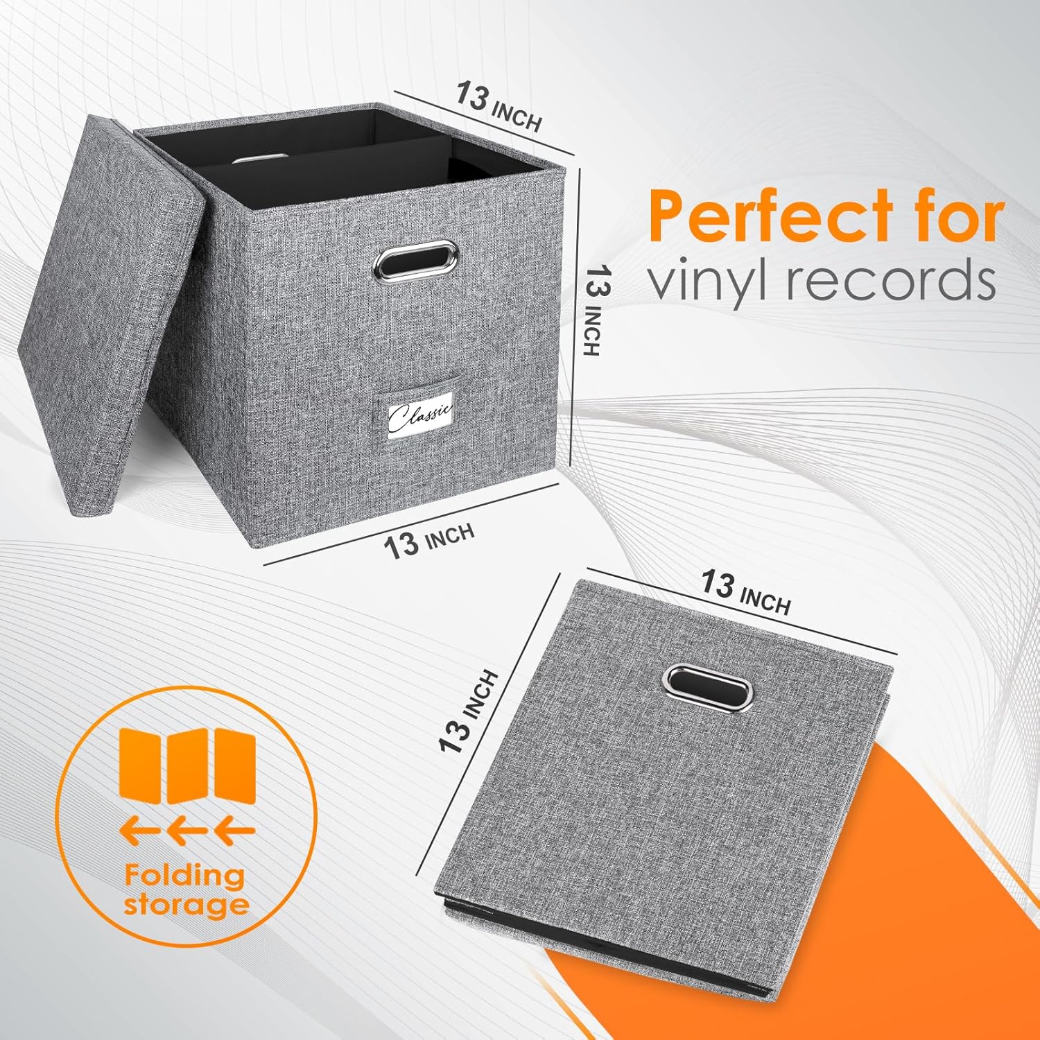 Skiennix Vinyl Record Storage Box - Stackable Linen Crate for 50+ 12-Inch LPs with Lid & Handle