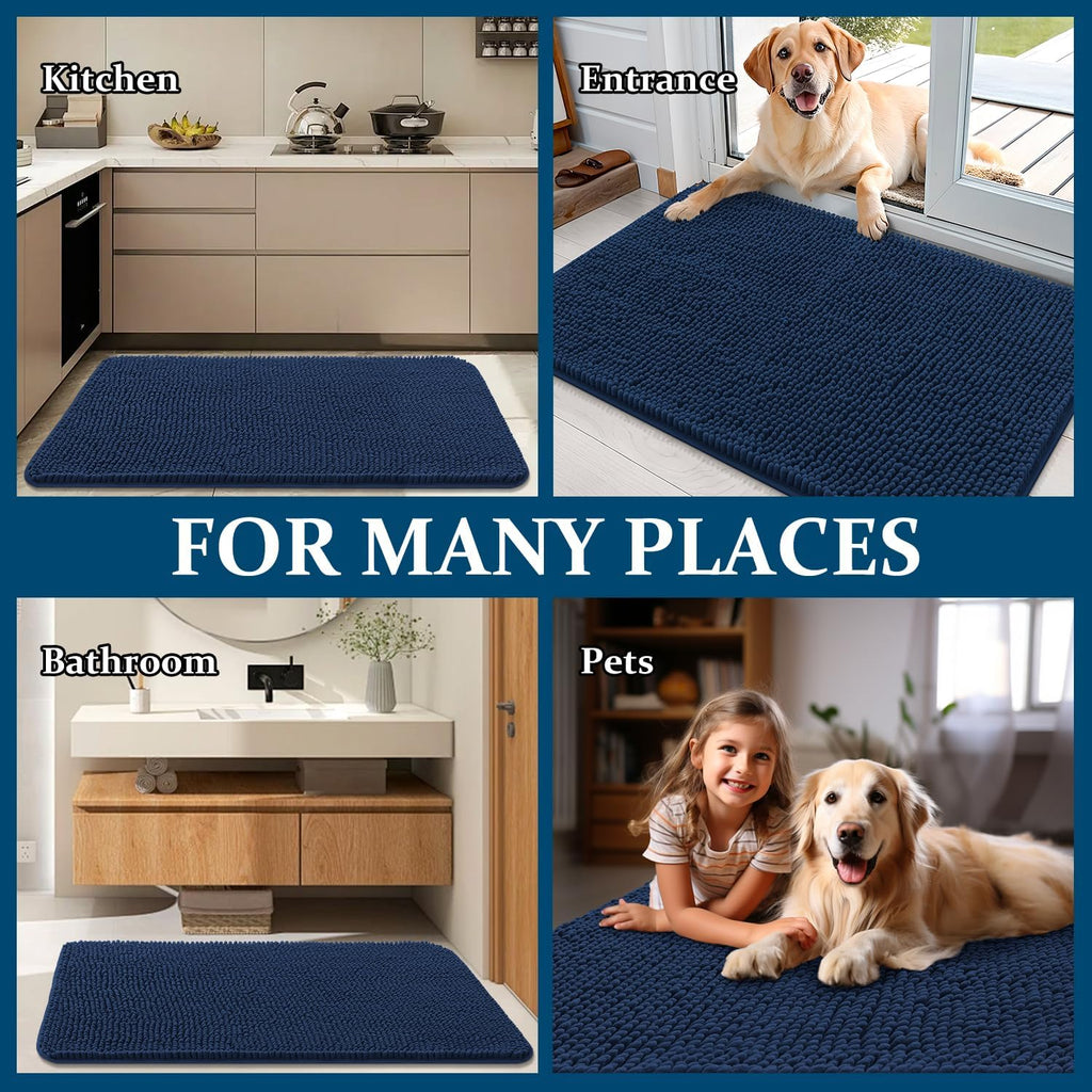 OLANLY Dog Door Mat - Absorbent Non-Slip Washable Chenille for Muddy Paws | 40x24 Dark Blue