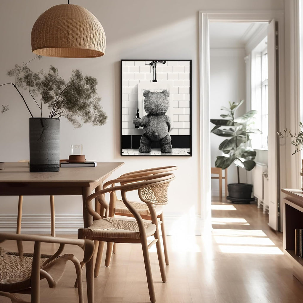 Poster Master Funny Teddy Bear Print - Humorous Black & White Wall Art for Bathroom, Nursery | 8x10 Unframed