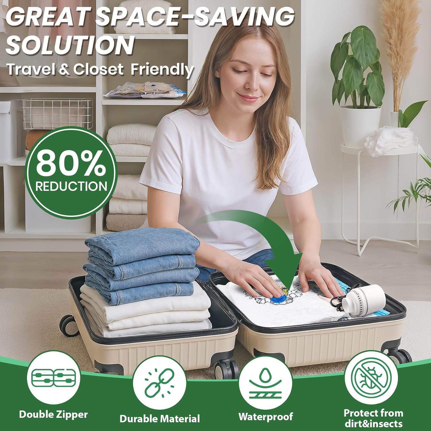 Skiennix Vacuum Storage Bags - 20-Pack with Electric Air Pump for Clothes & Comforters | 4 Jumbo, 4 Large, 4 Medium, 4 Small, 4 Roll-Up Bags