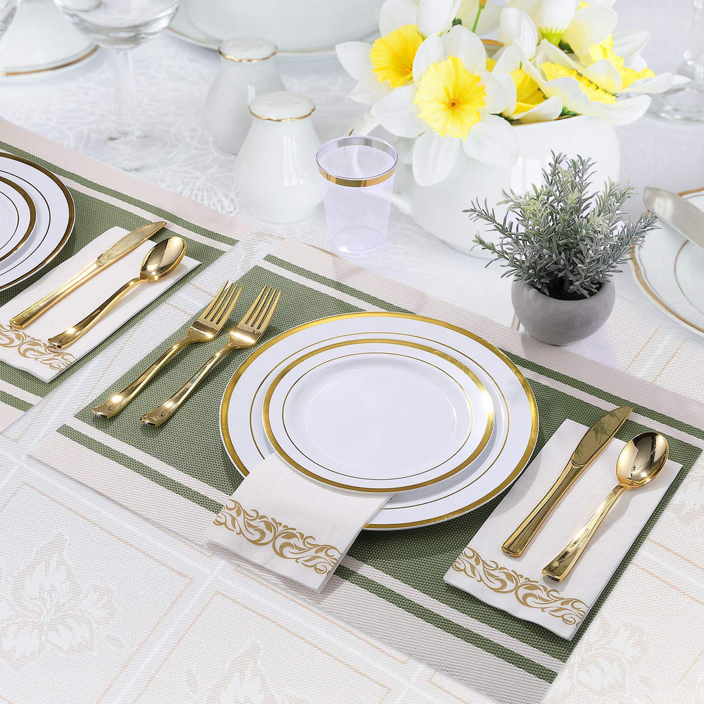 FOCUSLINE 350 Ct Disposable Dinnerware Set for 50 Guests -Heavy Duty Plastic Plates with Gold Rim, Includes 50 Dinner & Salad Plates, Cups, Napkins, Cutlery Set