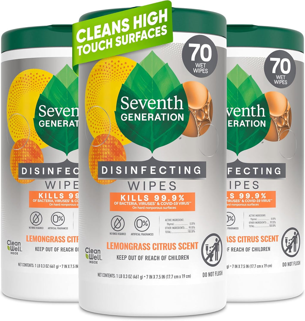Seventh Generation Disinfecting Multi-Surface Wipes - Lemongrass Citrus, 70 Count | Pack of 3