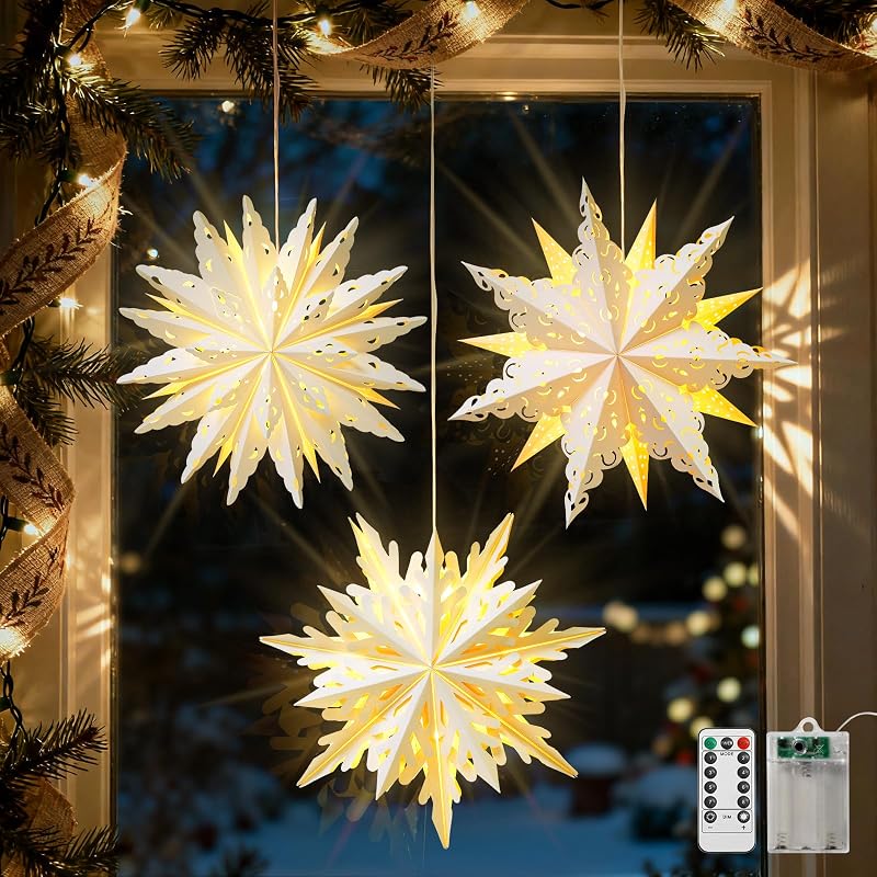 3 Pack 17.7in Paper Snowflake Lanterns with Remote, Christmas String Lights