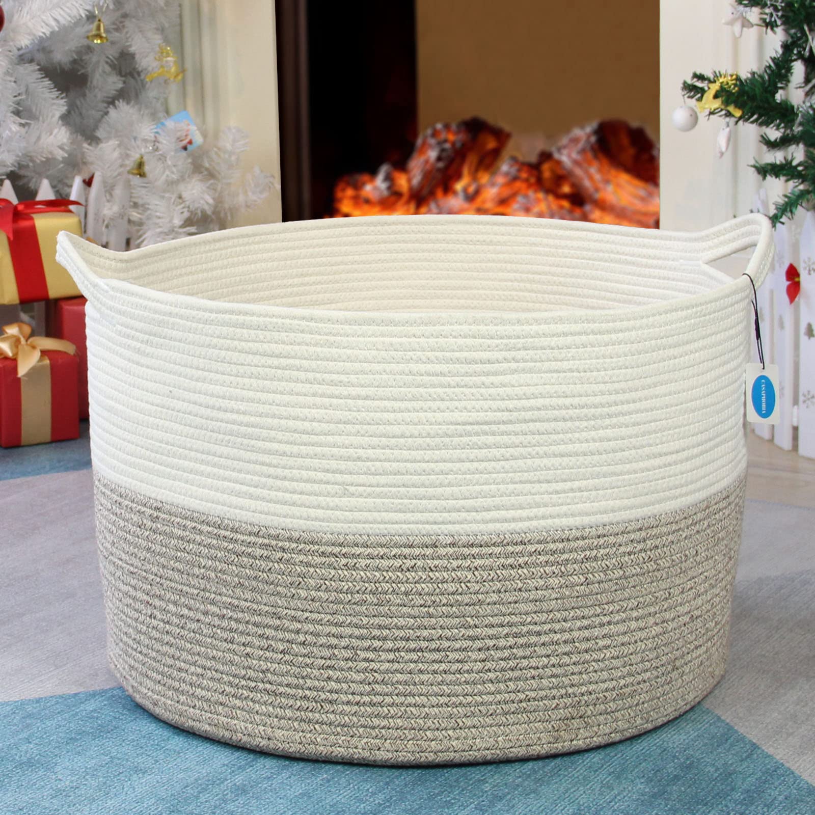 Casaphoria XXL Cotton Rope Basket - 21.7" x 21.7" x 13.8" Woven Laundry Hamper with Handle