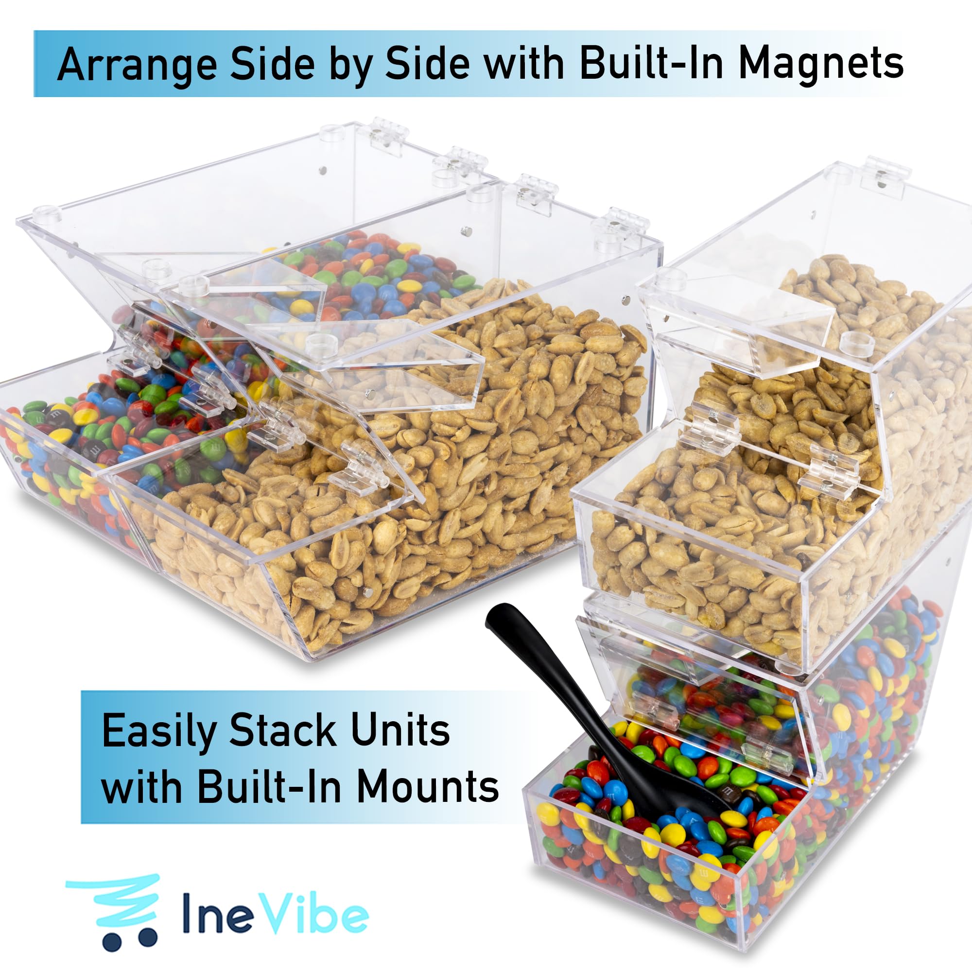 IneVibe Candy Bin Topping Dispenser - Acrylic Bulk Sprinkle Container w/Scoop, Stackable & Magnetic for Multiple Holders on Shelf - Commercial Setting for Cereal, Nuts, Candies & Snack Food Storage