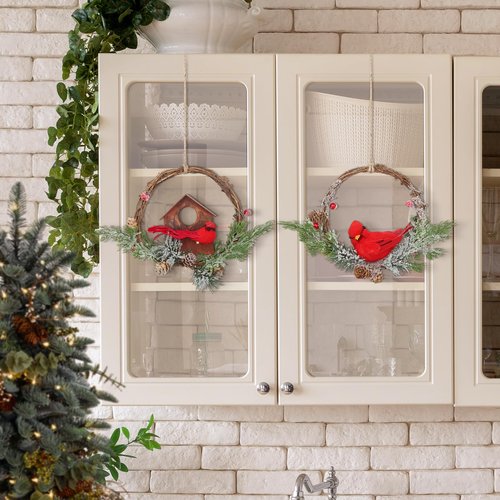 2pcs Small Christmas Wreath with Cardinal, 9-inch Mini Wreaths for Cabinets, Cabinet Wreaths for Kitchen Christmas, Wreaths for Windows (Cardinal)