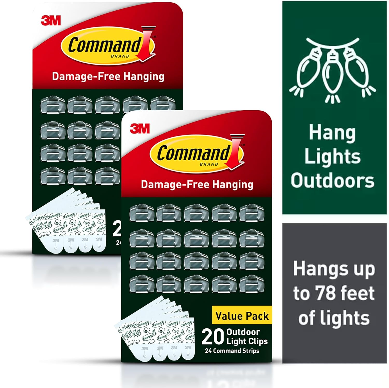 Command Outdoor Light Clips - 40 Clear Clips & 48 Strips | Damage-Free Hanging & Weather-Resistant Design