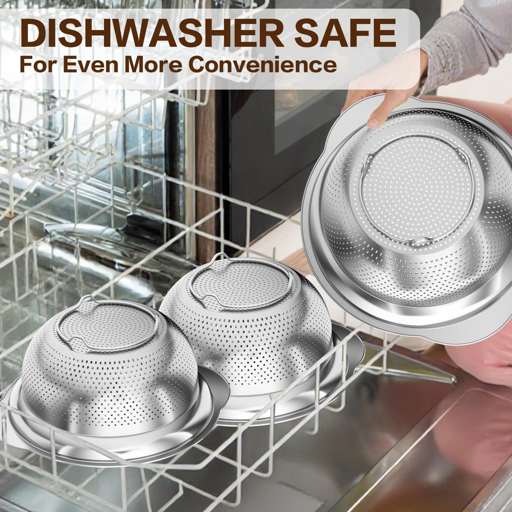 Stainless Steel Colander for Kitchen, Stainless Steel Strainer, Pasta Strainer for Spaghetti Fruit Cooking Food, 3 Pcs Strainers and Colanders(2QT, 3QT, 5QT), Dishwasher Safe, Kitchen Present