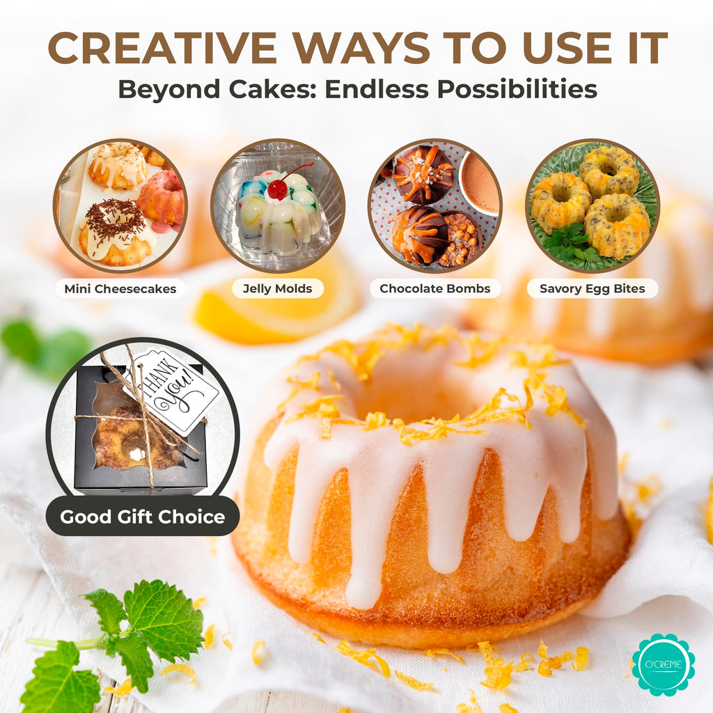 O’Creme Bakeable Plastic Mini Cake Pan with Container - Baking Pan With Non-Stick Silicone - Reusable Mold For Baking and Much More - and Clear Snap-Closure Container - 50 Cake Pans + 50 Containers