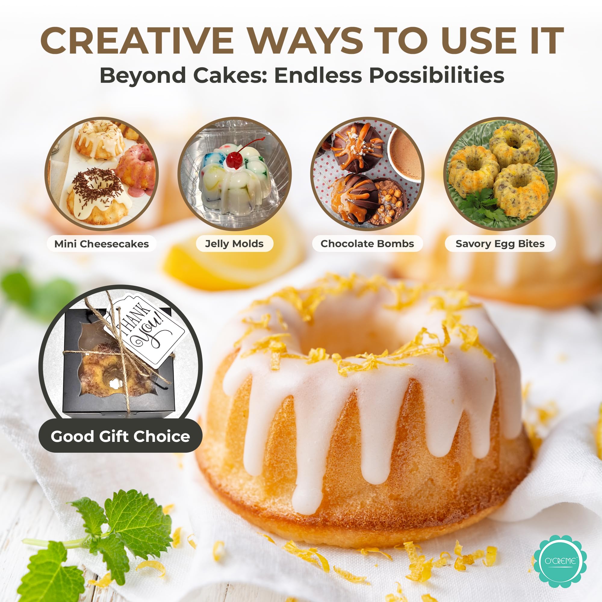 O’Creme Bakeable Plastic Mini Cake Pan with Container - Baking Pan With Non-Stick Silicone - Reusable Mold For Baking and Much More - and Clear Snap-Closure Container - 50 Cake Pans + 50 Containers