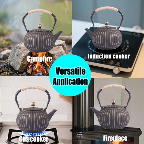 Cast Iron Teapot - Japanese Tetsubin 34oz (1000ml) Enamel Coated Interior with Removable Stainless Steel Infuser, Stovetop Safe Tea Kettle for Tea Ceremony, Black Gold