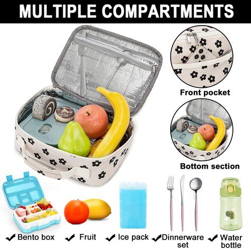 Bluboon Kids Girls Lunch Bag Insulated Lunch Box for school Corduroy Lunch Cooler Organizer School Kids Lunch Tote (Corduroy Beige Floral)
