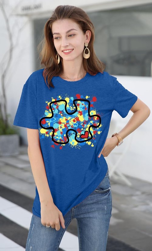 LAZYCHILD Autism Awareness Shirt - Women's Blue Puzzle Piece Tee for Support & Advocacy