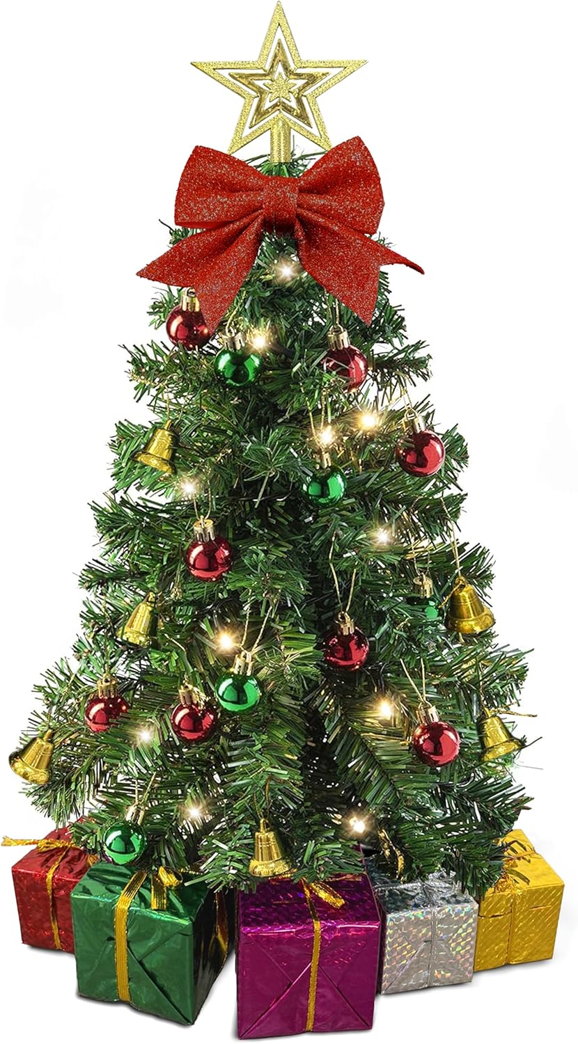 Small Christmas Tree with Lights - 23-Inch Mini Tabletop Tree with Warm-White LEDs & Ornaments