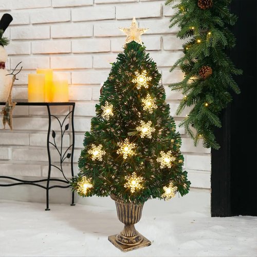 Juegoal Pre-Lit Artificial Christmas Trees - 3 FT Lighted Green Fiber Optic Entrance Trees with Gold Urn Base & 8 Lighting Modes