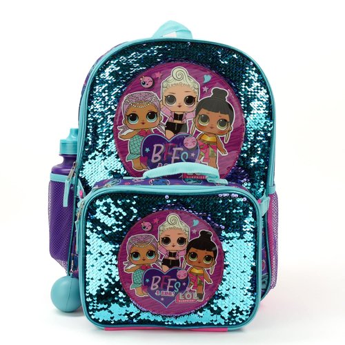 L.O.L. Surprise! Girl’s 4 Piece Backpack Set, Flip Sequin 16" School Bag with Front Zip Pocket, Purple and Teal