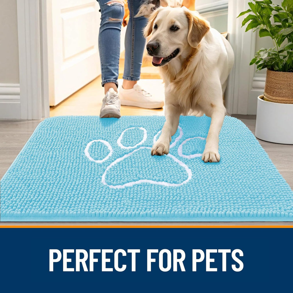 OLANLY Dog Door Mat - Absorbent Non-Slip Muddy Paws Mat | 48x30 Paw Print Design, Quick Dry Chenille, Blue