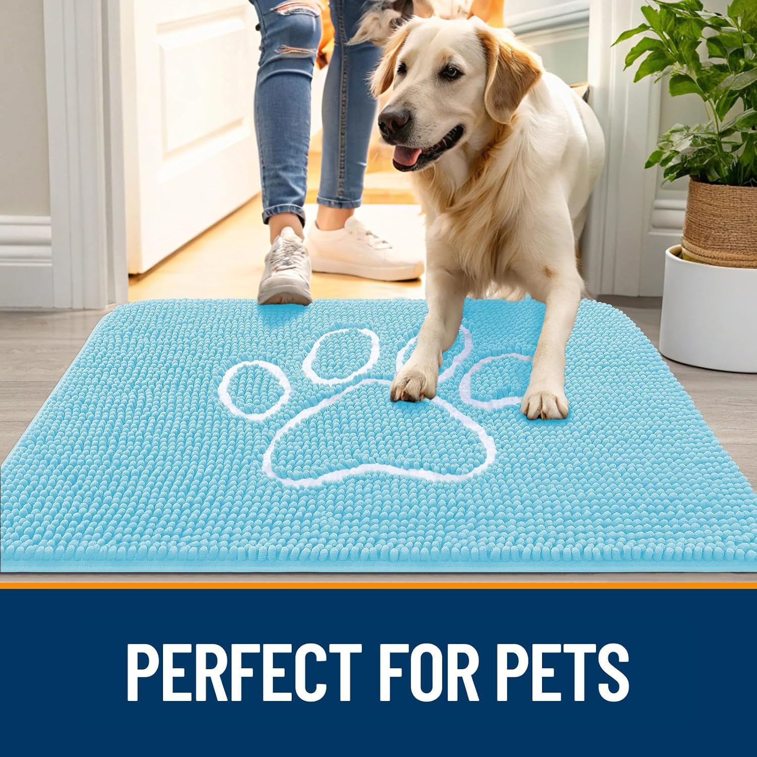OLANLY Dog Door Mat - Absorbent Non-Slip Muddy Paws Mat | 48x30 Paw Print Design, Quick Dry Chenille, Blue