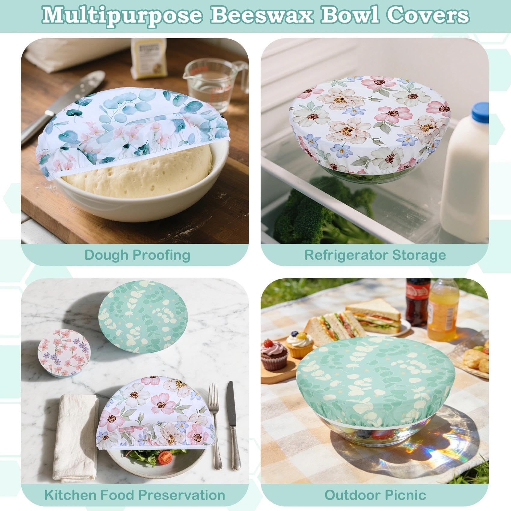 Revahope 5-Size Reusable Beeswax Elastic Bowl Covers for Bread Proofing, Cotton Cloth Flexible Beeswax Wraps for Sourdough Cover and Food Storage Shower Caps for Sourdough Bread Supplies Tools