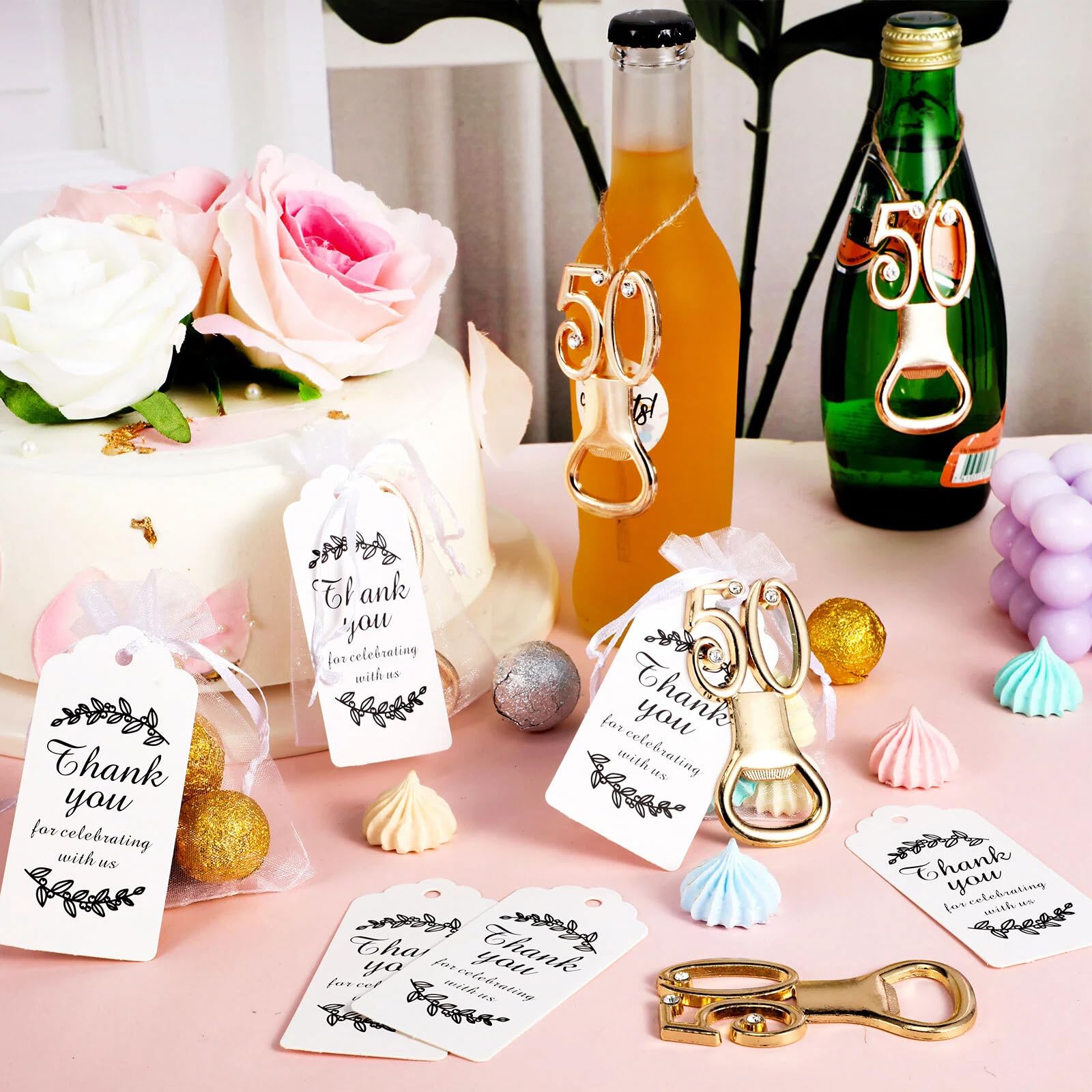 Baderke 50 Packs 50th Golden Bottle Opener Set 50th Birthday Party Favor Openers with Thank You Tags Organza Bags 50th Party Wedding Anniversaries Souvenirs Favors Decorations for Guests