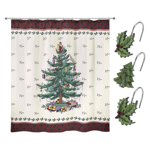 Spode - Shower Set, Fabric Shower Curtain & 12pc Curtain Hooks, Festive Home Decor (Christmas Tree Tartan Collection)