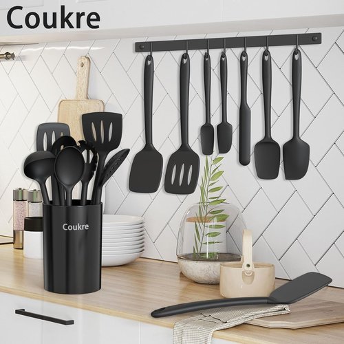 Coukre Silicone Kitchen Utensils Set - Heat-Resistant, Food-Grade Tools with Holder | 14-Piece in Pure Black